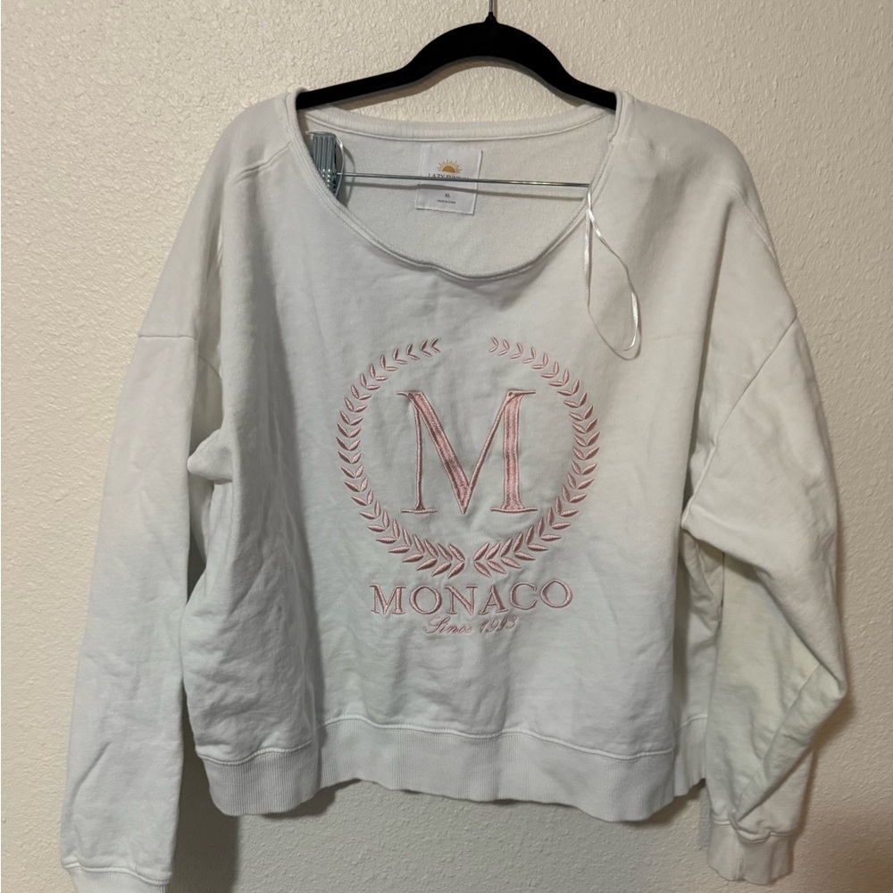 Monaco White Sweatshirt with Pink Embroidery
